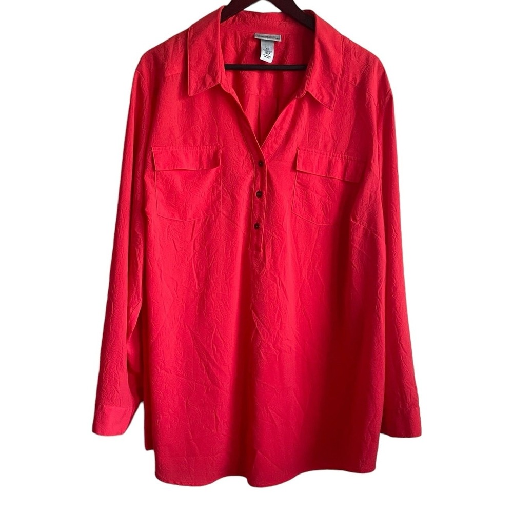 Maggie Barnes Womens‎ Button Tunic Top 3X Coral Crinkle Office Minimalist Chic